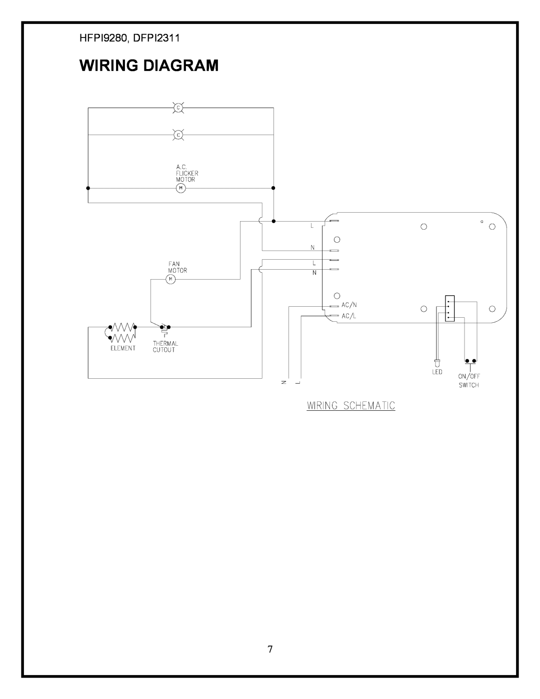 Dimplex service manual Wiring Diagram, HFPI9280, DFPI2311 