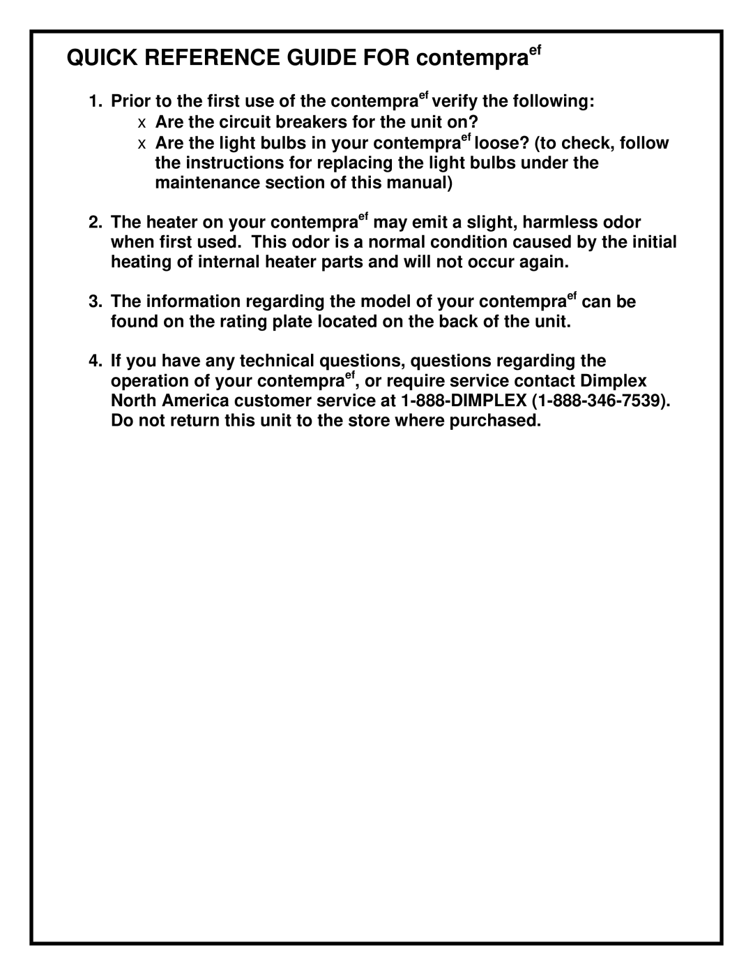 Dimplex KDS6401E manual Quick Reference Guide for contempraef 