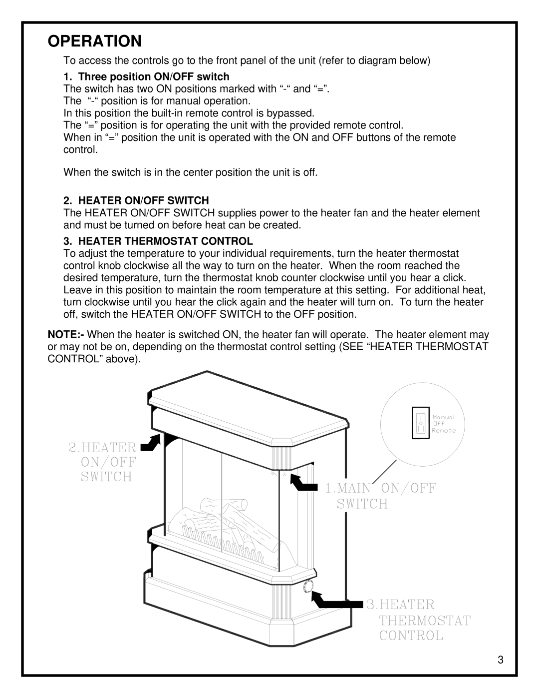 Dimplex KDS6401E manual Operation, Heater ON/OFF Switch, Heater Thermostat Control 