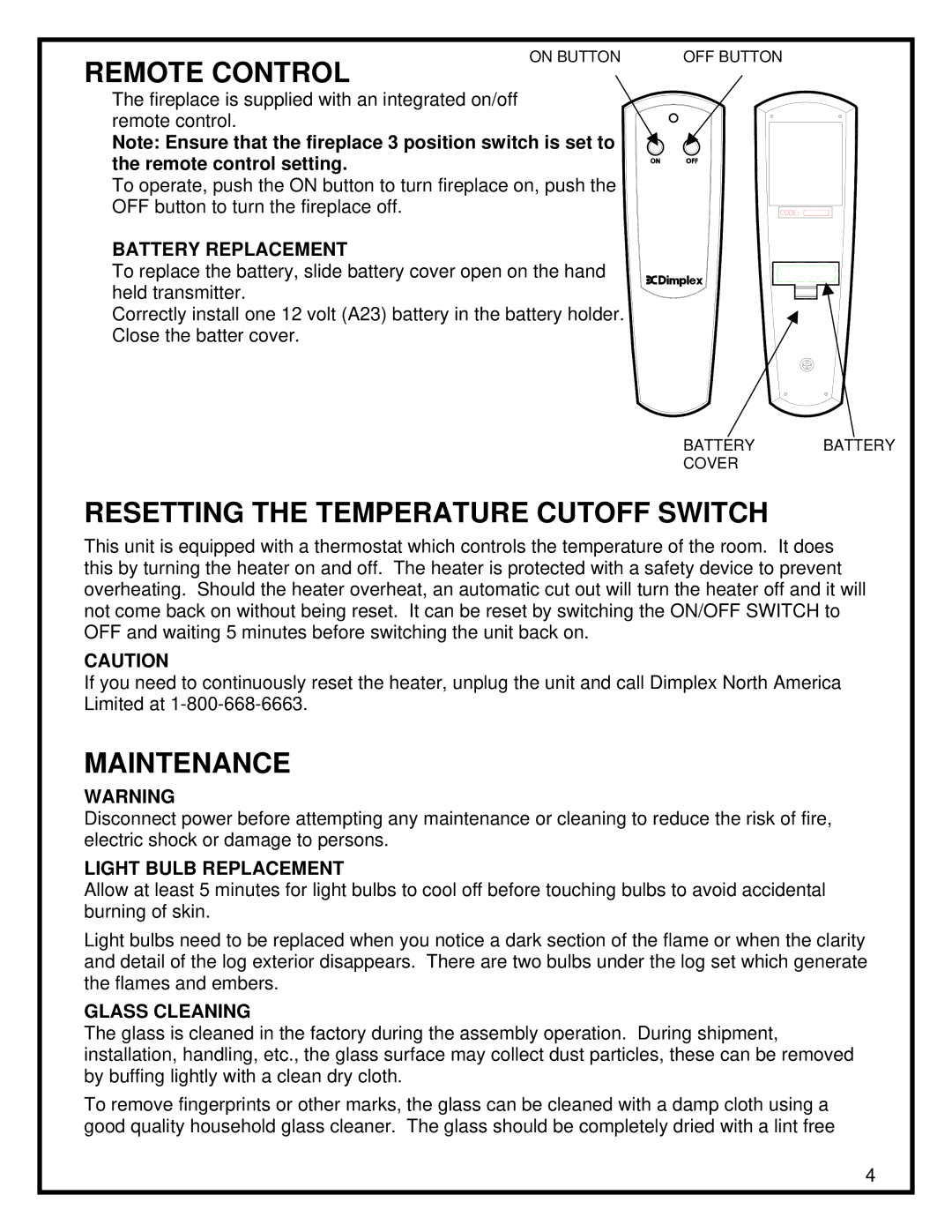 Dimplex KDS6401E manual Remote Control, Resetting the Temperature Cutoff Switch, Maintenance 