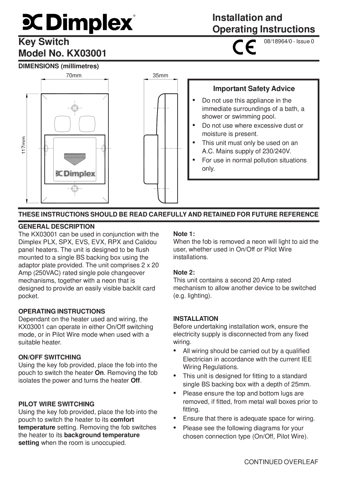 Dimplex dimensions Installation, Key Switch Operating Instructions, Model No. KX03001, Important Safety Advice 