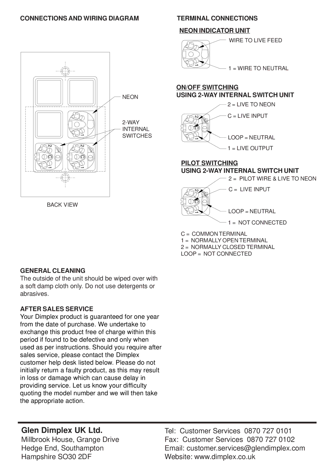 Dimplex KX03001 dimensions General Cleaning, After Sales Service, ON/OFF Switching Using 2-WAY Internal Switch Unit 