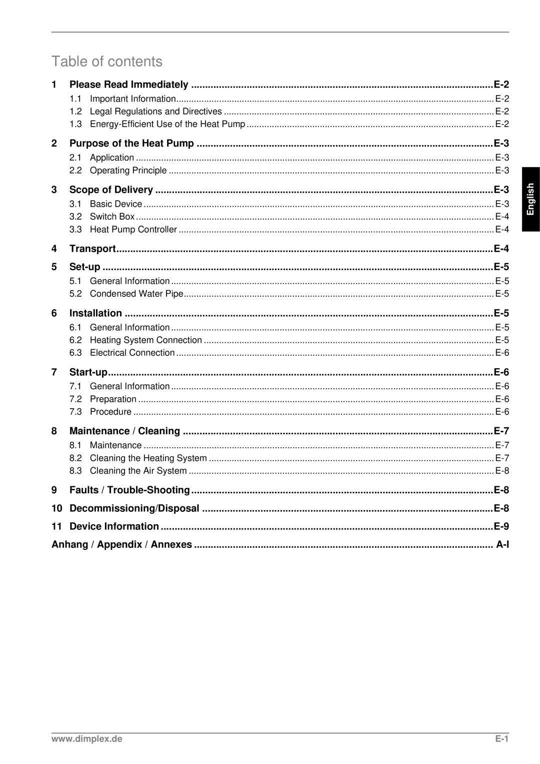 Dimplex LA 11PS manual Table of contents 