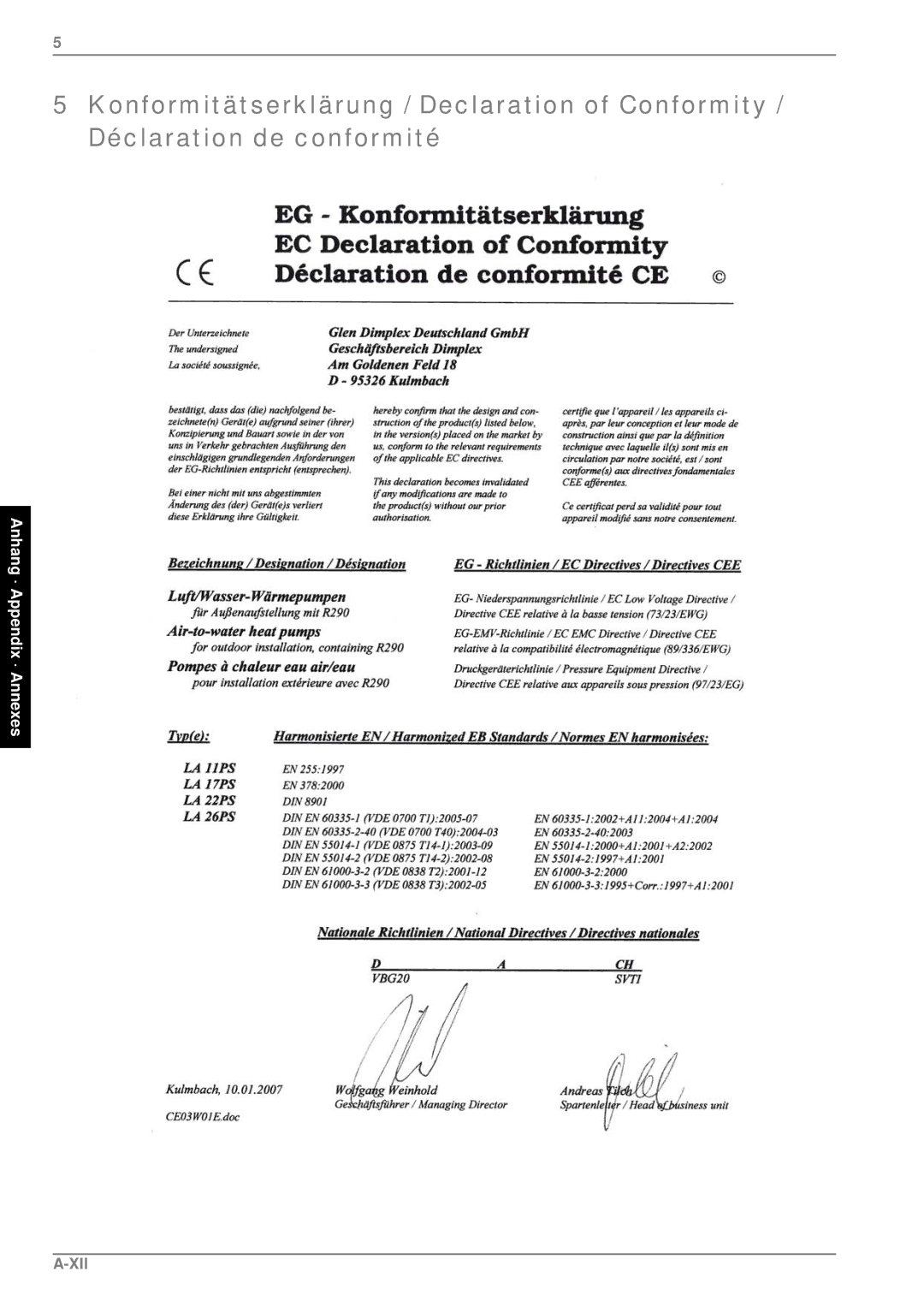 Dimplex LA 11PS manual Xii 