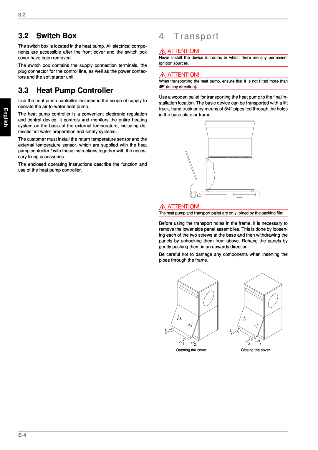 Dimplex LA 11PS manual Transport, 3.2Switch Box, 3.3Heat Pump Controller, English 