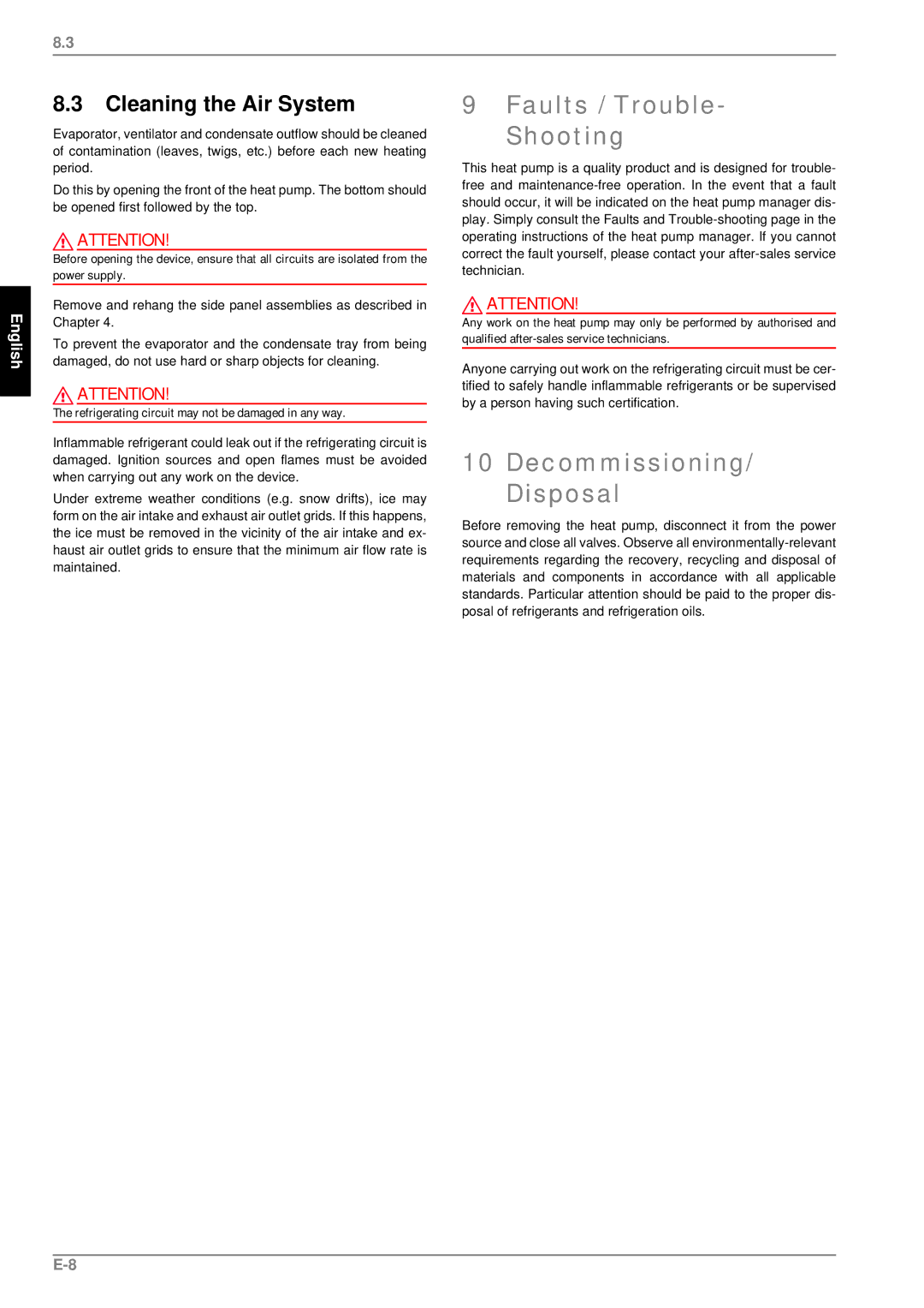 Dimplex LA 26PS, LA 22PS, LA 17PS manual Faults / Trouble- Shooting, Decommissioning/ Disposal, Cleaning the Air System 