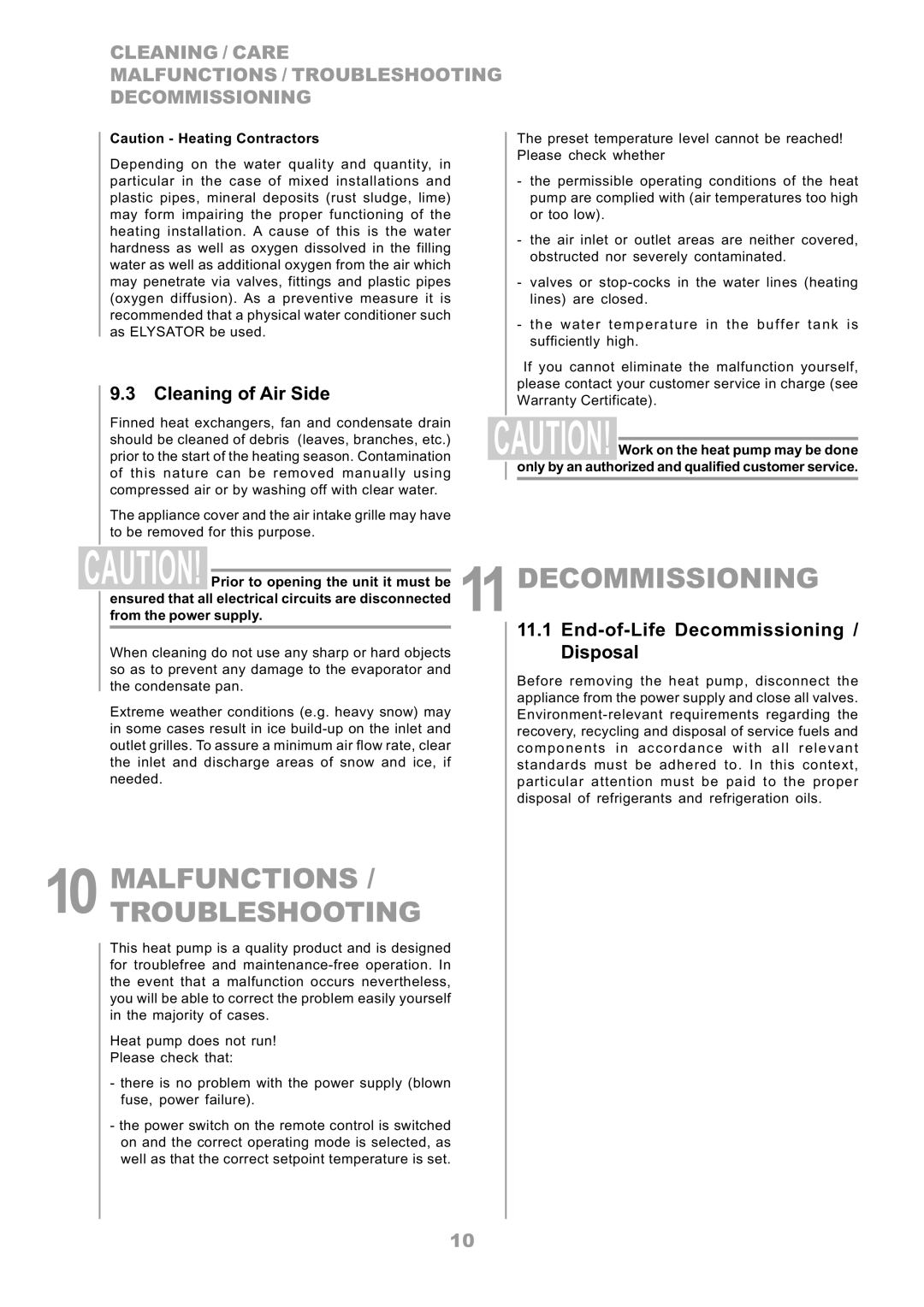 Dimplex LA 8MR, LA 6MR, LA 12TR, LA 16TR, LA 10MR Malfunctions Troubleshooting, 11DECOMMISSIONING, Cleaning of Air Side 