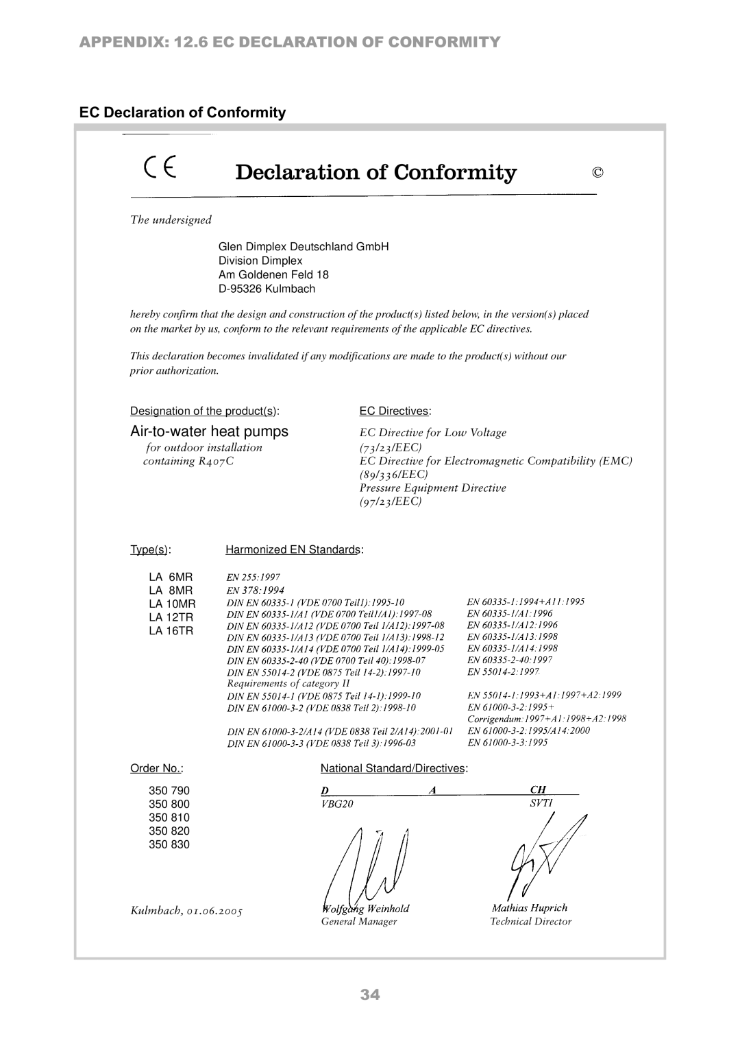 Dimplex LA 10MR, LA 8MR, LA 6MR, LA 12TR, LA 16TR operating instructions Appendix 12.6 EC Declaration of Conformity 