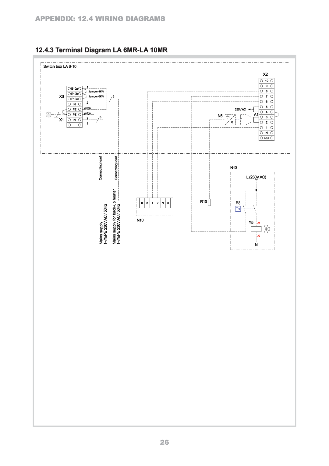 Dimplex LA 8MR Terminal Diagram LA 6MR-LA10MR, Switch box LA, Mains supply for back-upheater, Connecting lead 