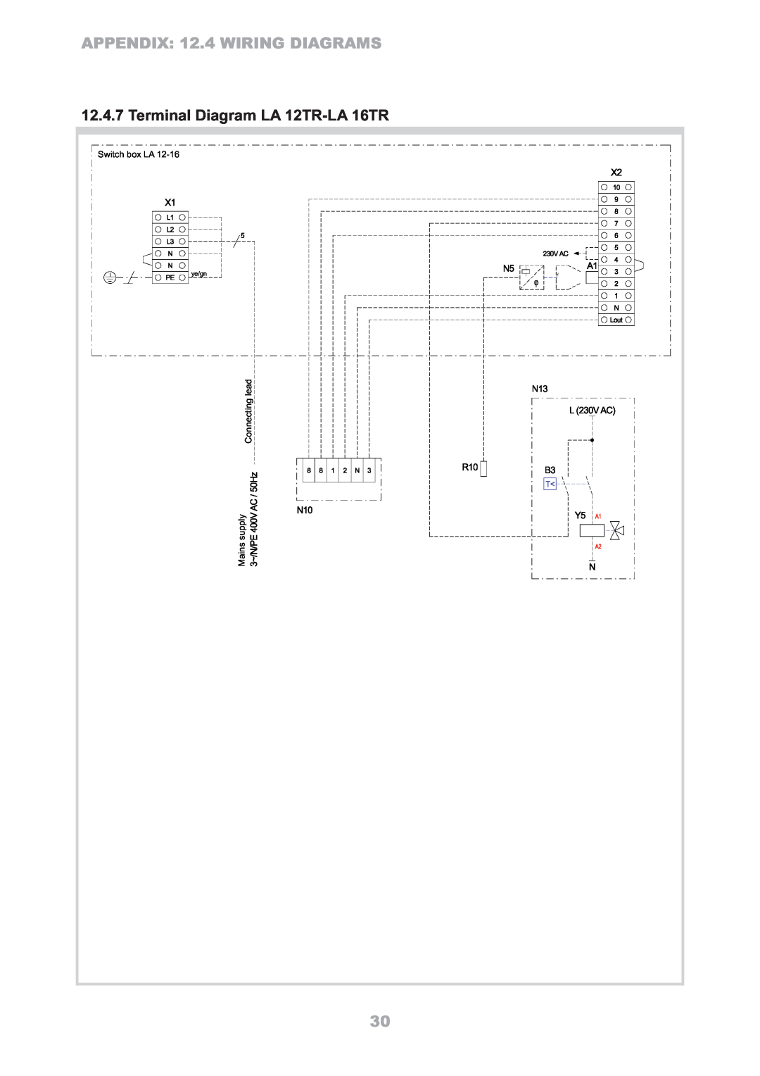 Dimplex LA 8MR, LA 6MR Terminal Diagram LA 12TR-LA16TR, APPENDIX 12.4 WIRING DIAGRAMS, Switch box LA, Connecting lead 