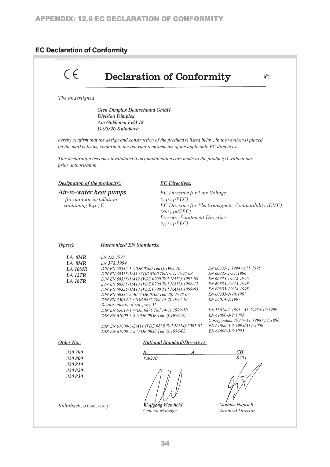 Dimplex LA 10MR, LA 8MR EC Declaration of Conformity, APPENDIX 12.6 EC DECLARATION OF CONFORMITY, Air-to-waterheat pumps 