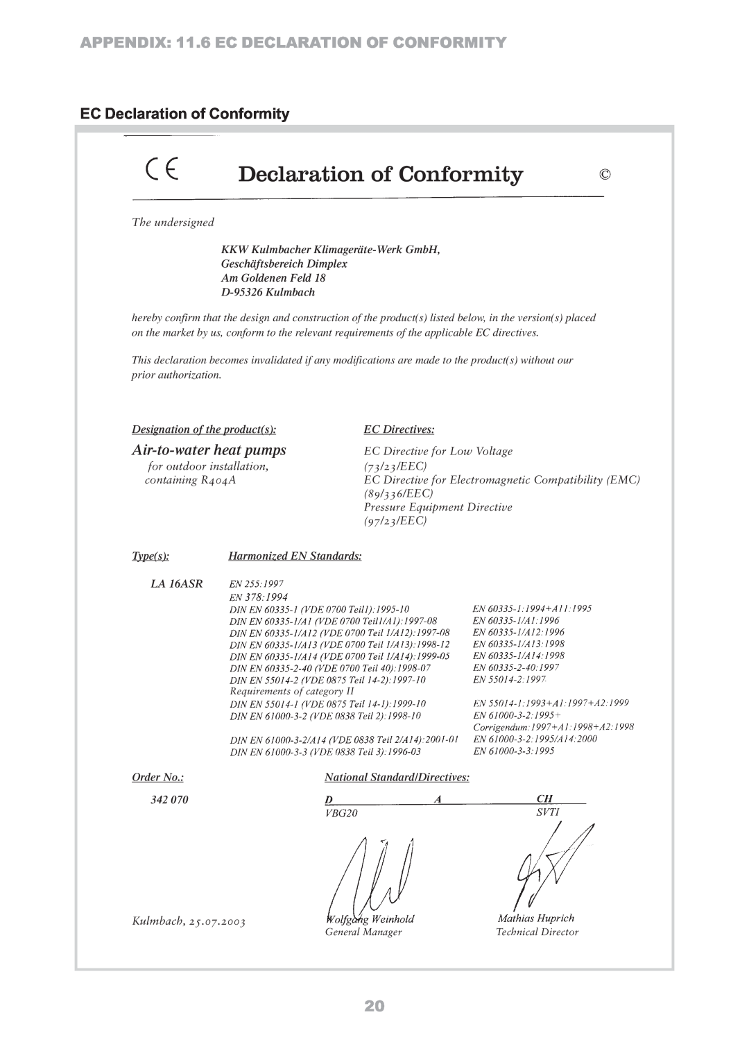 Dimplex LA16ASR manual EC Declaration of Conformity, APPENDIX 11.6 EC DECLARATION OF CONFORMITY, Air-to-waterheat pumps 