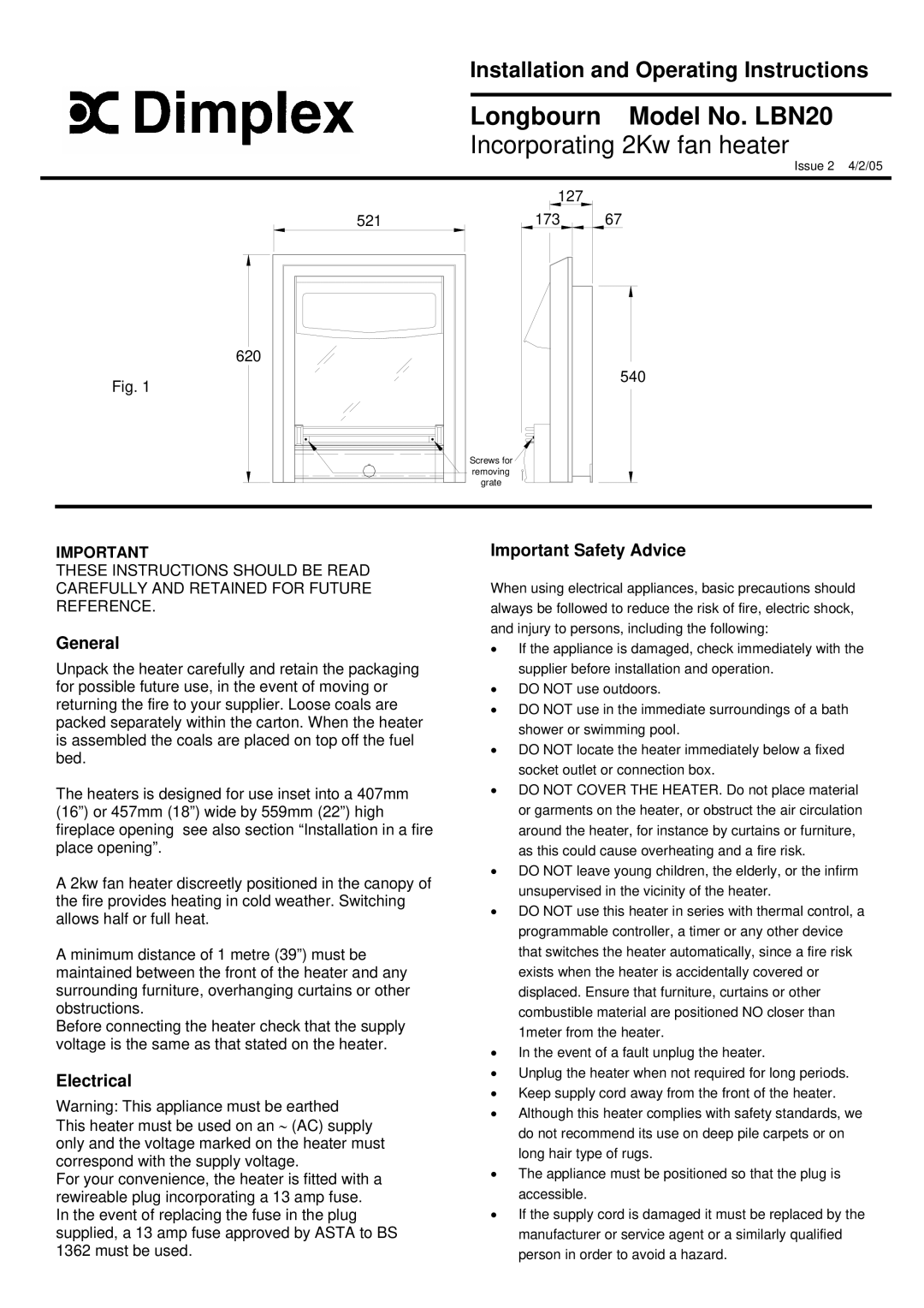 Dimplex LBN20 operating instructions General, Electrical, Important Safety Advice 