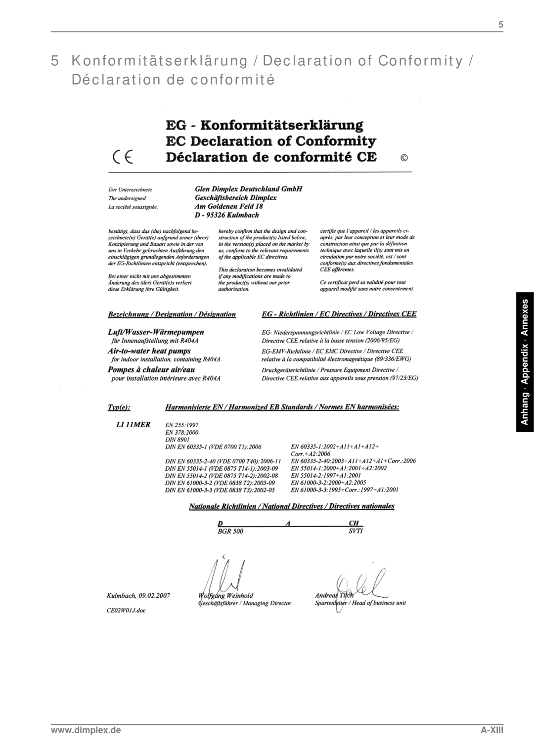 Dimplex LI 11MER manual Xiii 