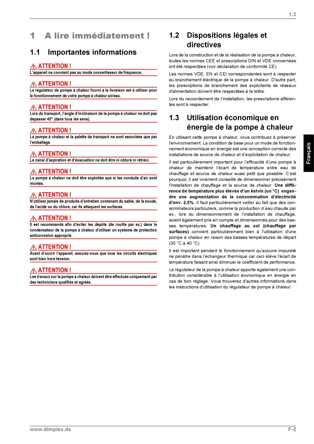 Dimplex LI 11MS A lire immédiatement, 1.1Importantes informations, 1.2Dispositions légales et directives, Français 