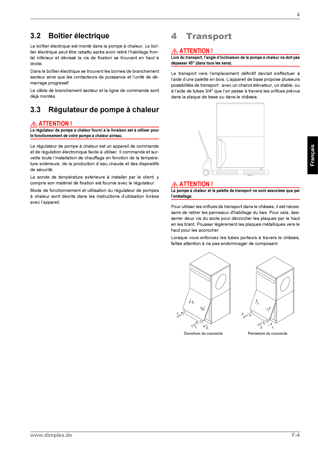 Dimplex LI 11MS operating instructions Transport, 3.2Boîtier électrique, 3.3Régulateur de pompe à chaleur, Français 