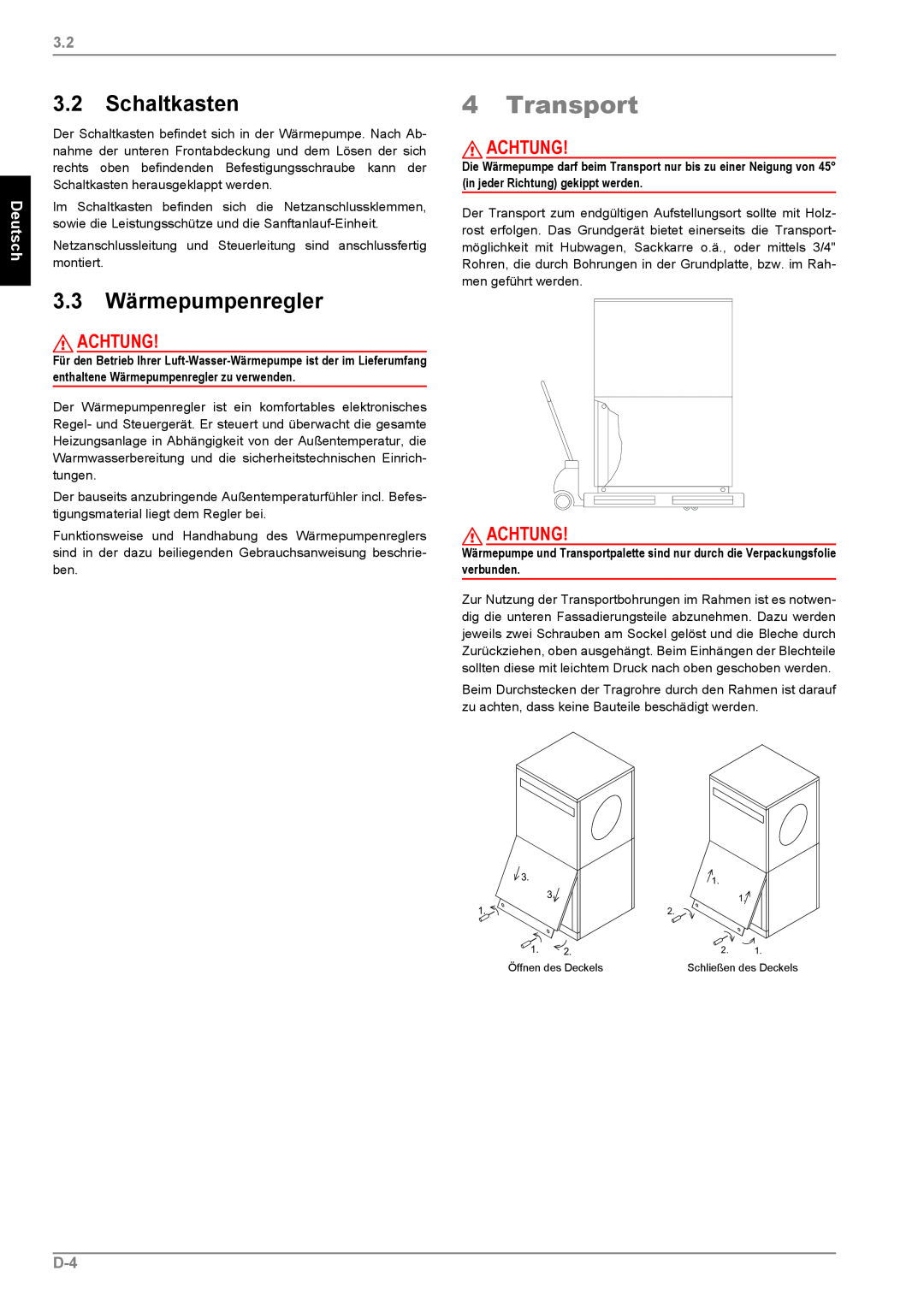 Dimplex LI 11MS operating instructions Transport, 3.2Schaltkasten, 3.3Wärmepumpenregler, Achtung, Deutsch 