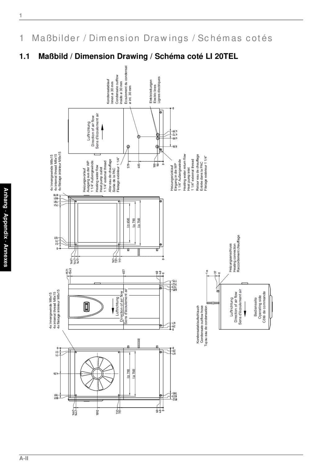 Dimplex LI 24 TEL manual Maßbilder / Dimension Drawings / Schémas cotés, Maßbild / Dimension Drawing / Schéma coté LI 20TEL 