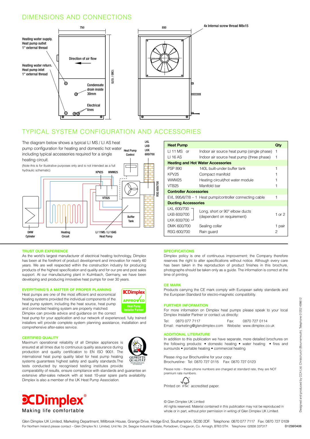 Dimplex LI AS, LI MS manual Dimensions and Connections, Typical System Configuration and Accessories 