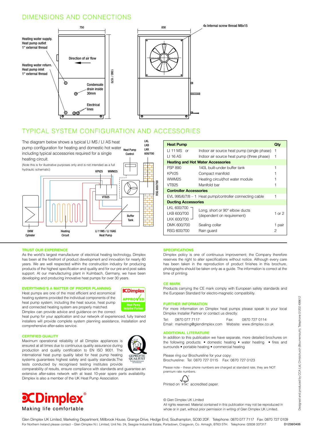Dimplex LI AS Dimensions And Connections, Typical System Configuration And Accessories, Heat Pump, Controller Accessories 