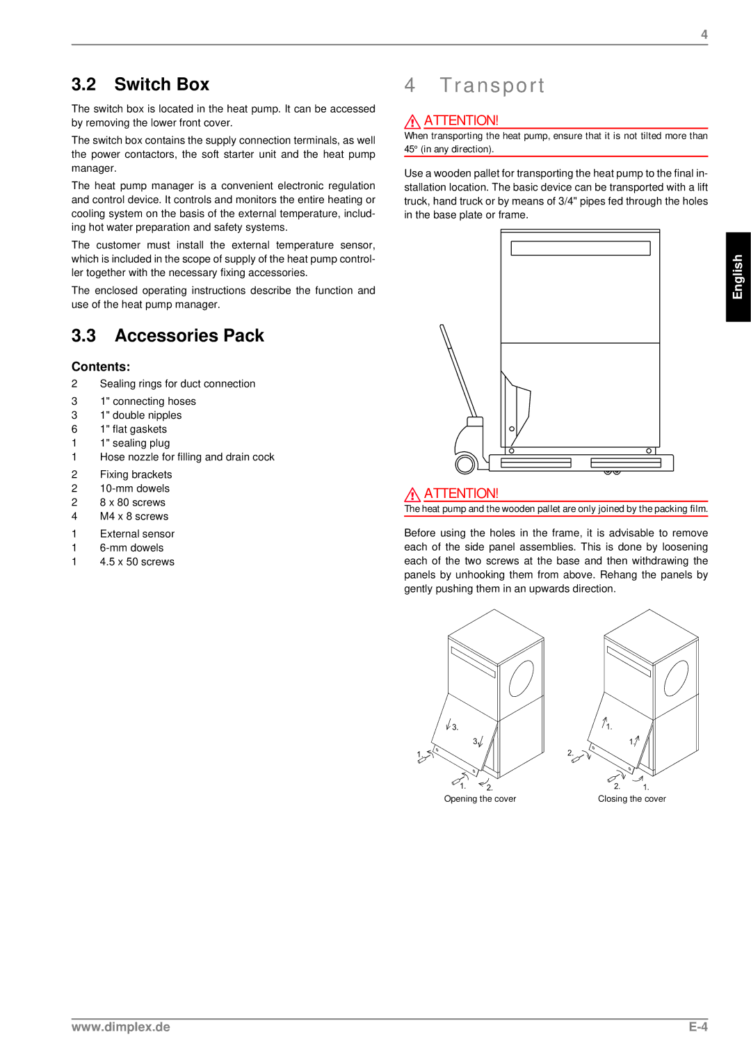 Dimplex LIK 8MER manual Transport, Switch Box, Accessories Pack 