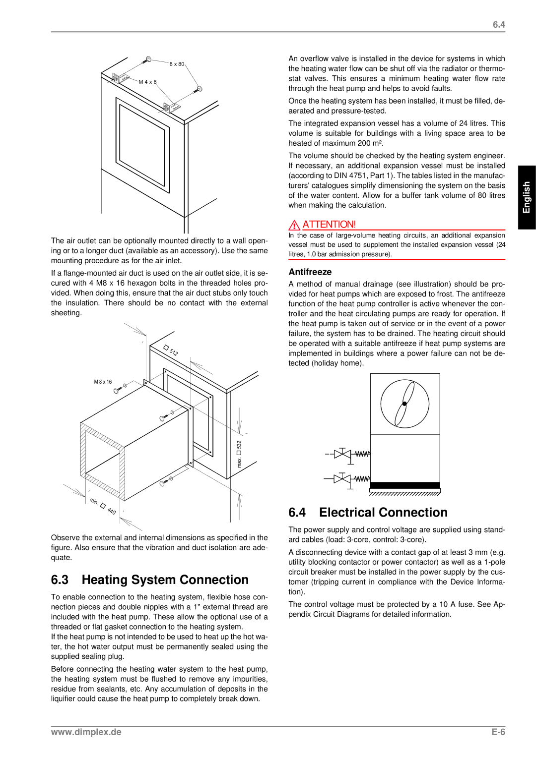 Dimplex LIK 8MER manual Heating System Connection, Electrical Connection 