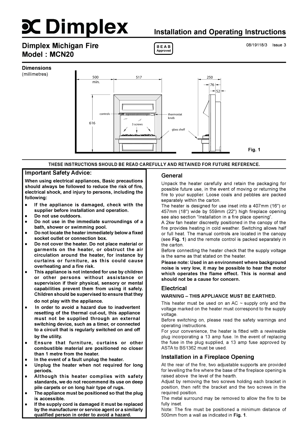 Dimplex MCN20 dimensions Important Safety Advice, General, Electrical, Installation in a Fireplace Opening 