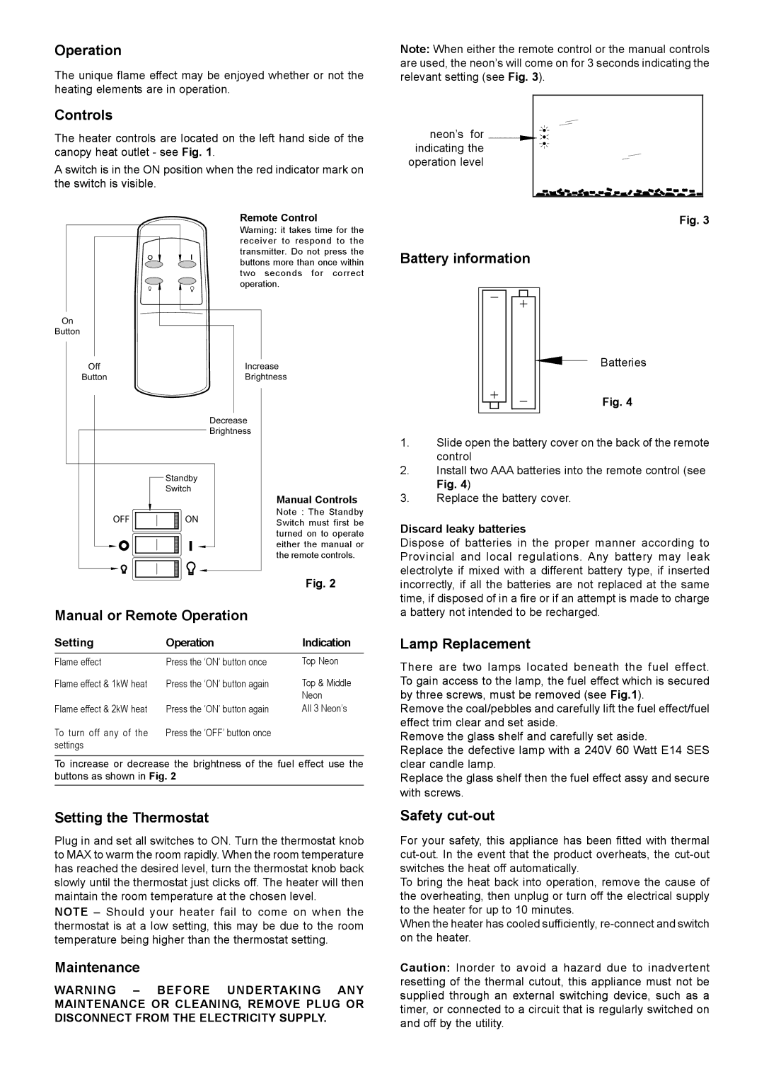 Dimplex MCN20 dimensions Controls, Battery information, Manual or Remote Operation, Setting the Thermostat, Maintenance 