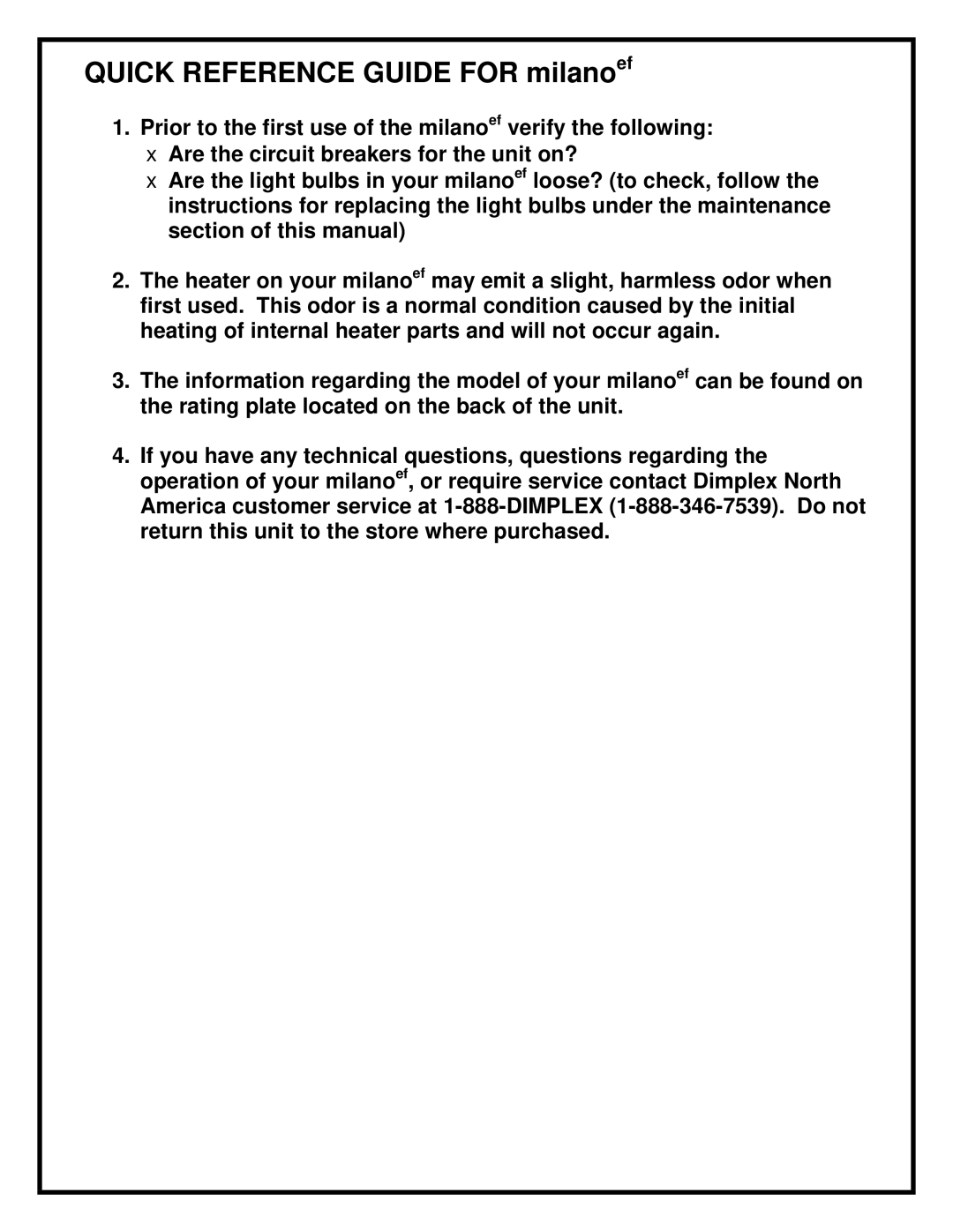 Dimplex milano-ef manual Quick Reference Guide for milanoef 