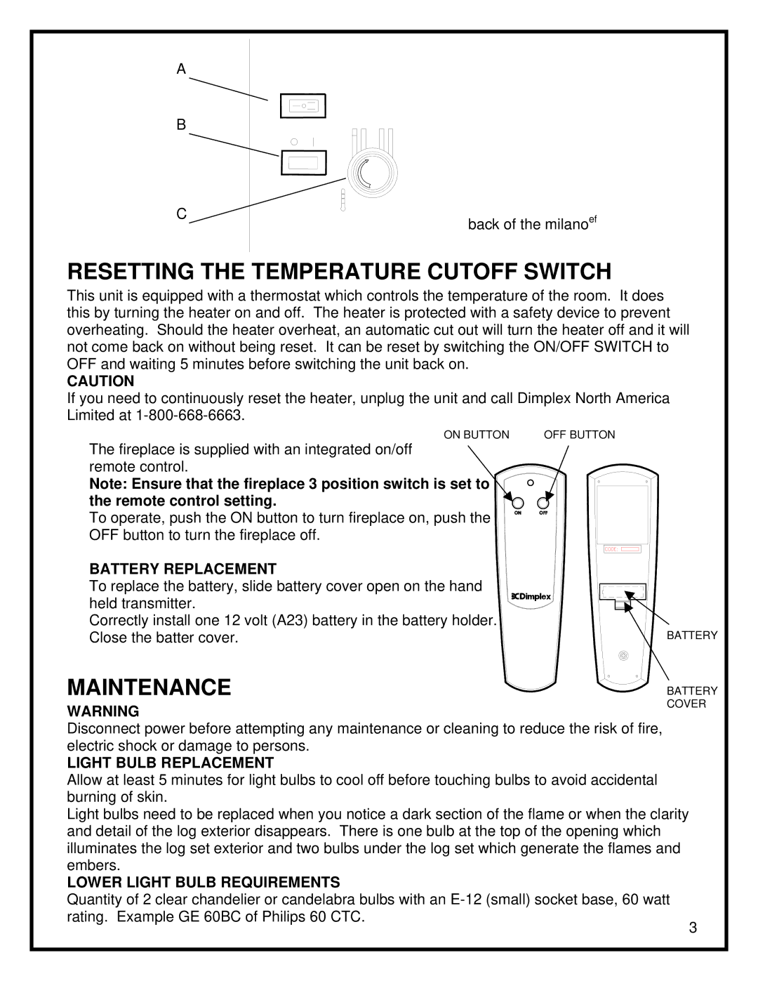 Dimplex milano-ef manual Resetting the Temperature Cutoff Switch, Maintenance, Battery Replacement, Light Bulb Replacement 