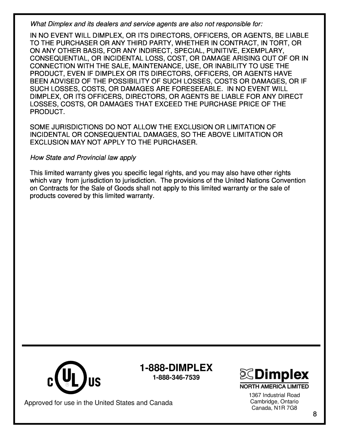Dimplex milano-ef manual Dimplex, How State and Provincial law apply 