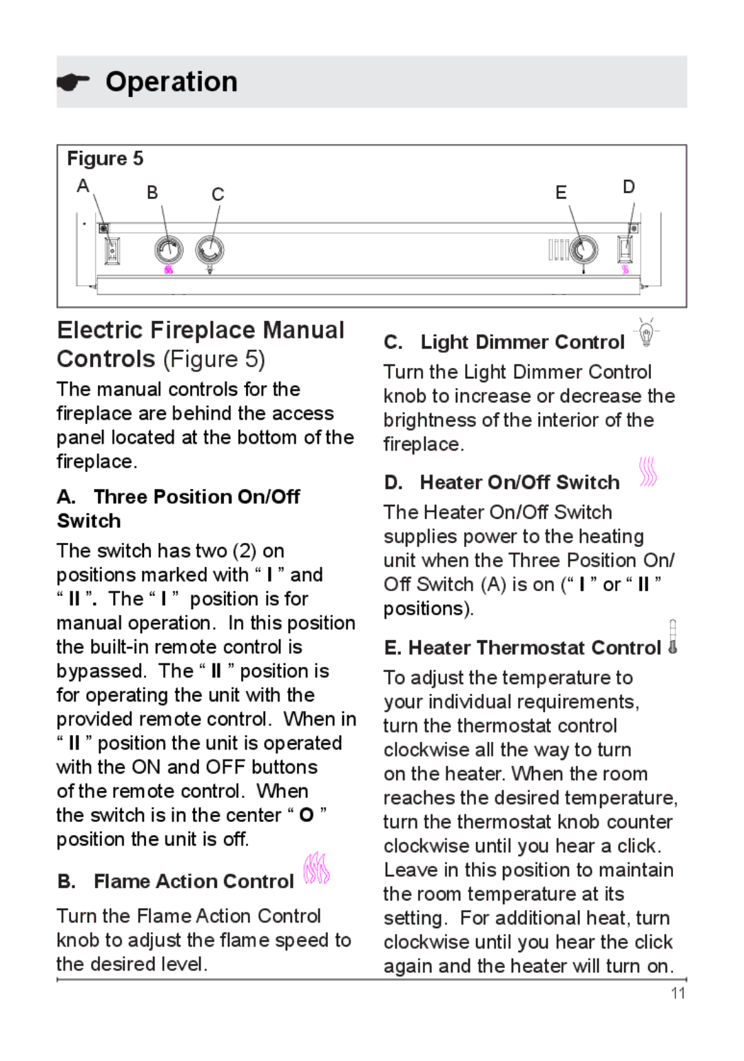 Dimplex DF2622BLK, NBDF2608, DF2622SS owner manual Operation, Electric Fireplace Manual 