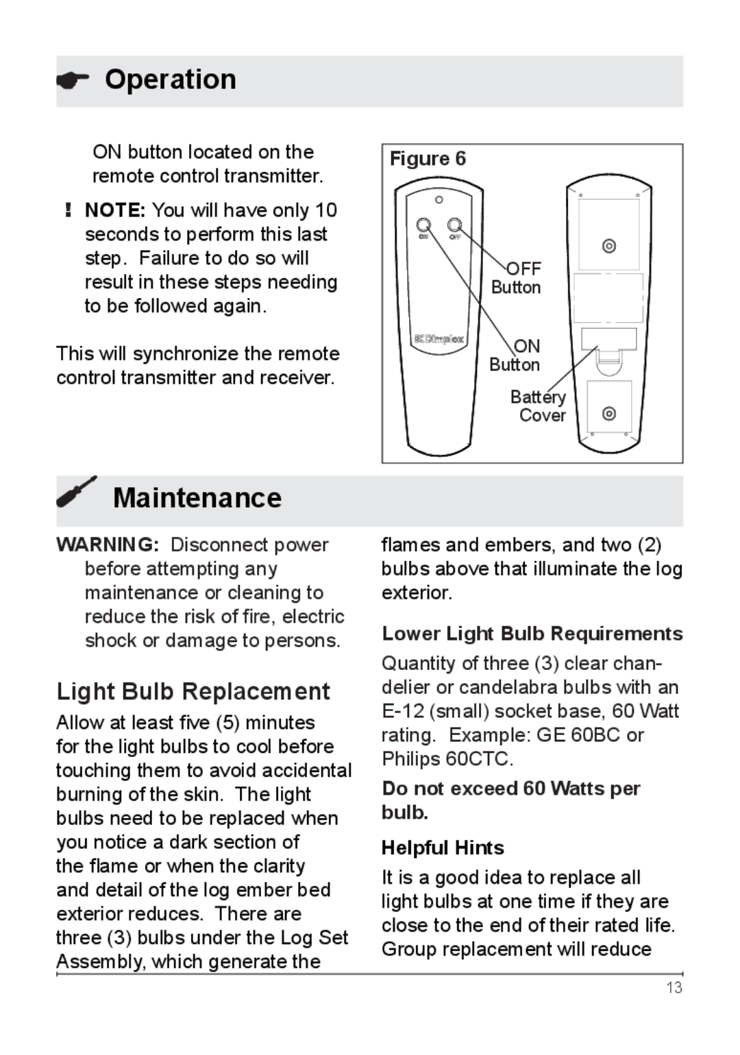 Dimplex DF2622SS, NBDF2608, DF2622BLK owner manual Maintenance, Light Bulb Replacement, Lower Light Bulb Requirements 