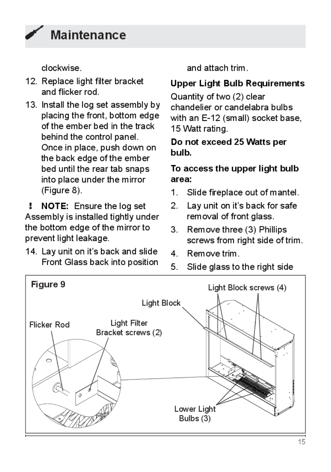 Dimplex NBDF2608, DF2622SS, DF2622BLK owner manual Upper Light Bulb Requirements 