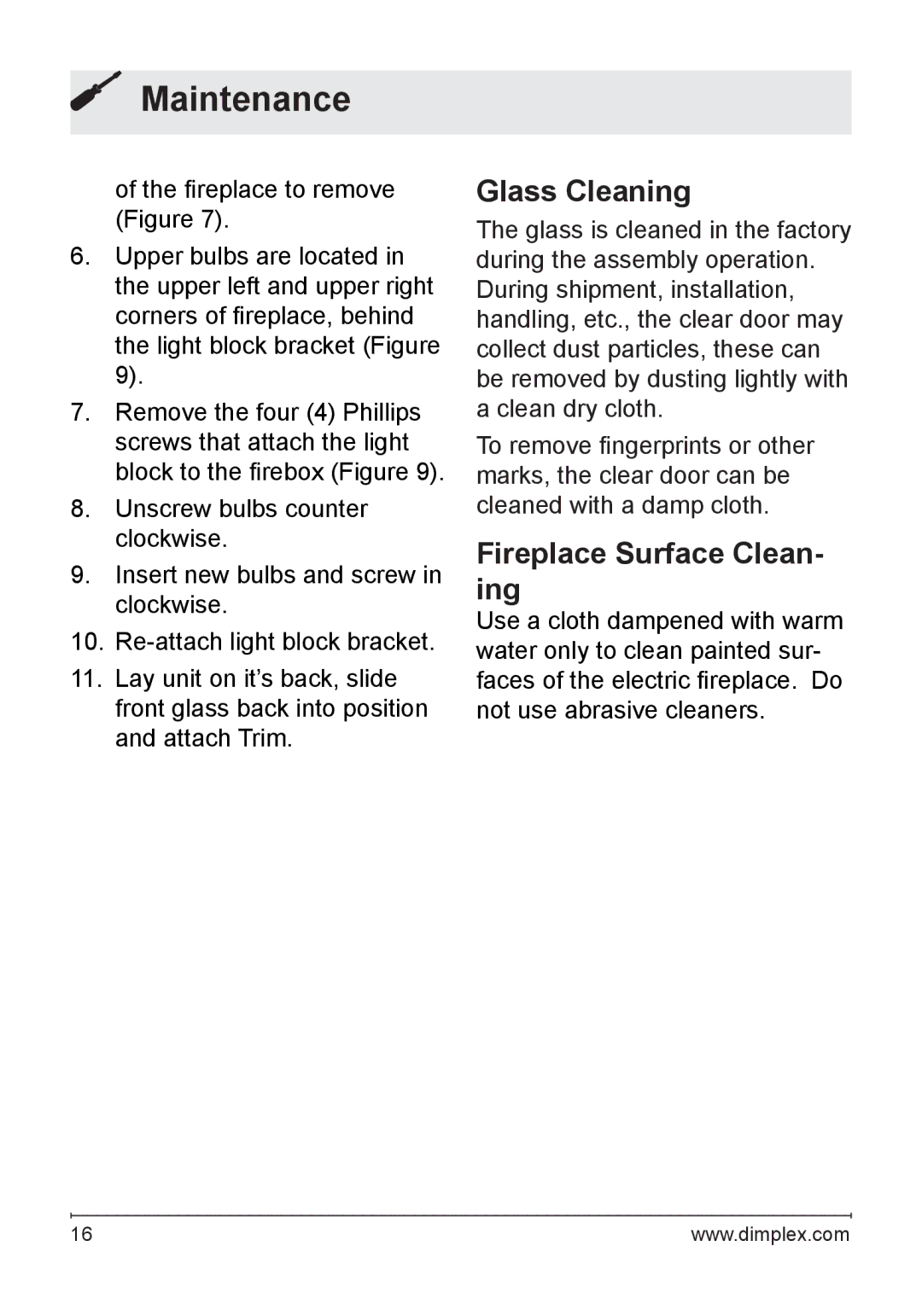 Dimplex DF2622SS, NBDF2608, DF2622BLK owner manual Glass Cleaning, Fireplace Surface Clean- ing 