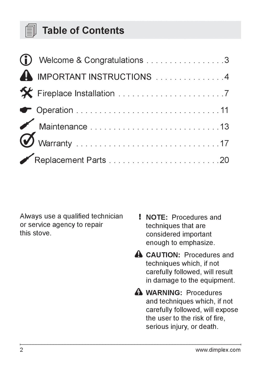 Dimplex DF2622BLK, NBDF2608, DF2622SS owner manual Table of Contents 