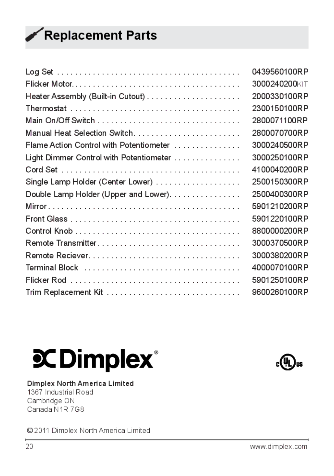 Dimplex DF2622BLK, NBDF2608, DF2622SS owner manual Replacement Parts, Trim Replacement Kit 