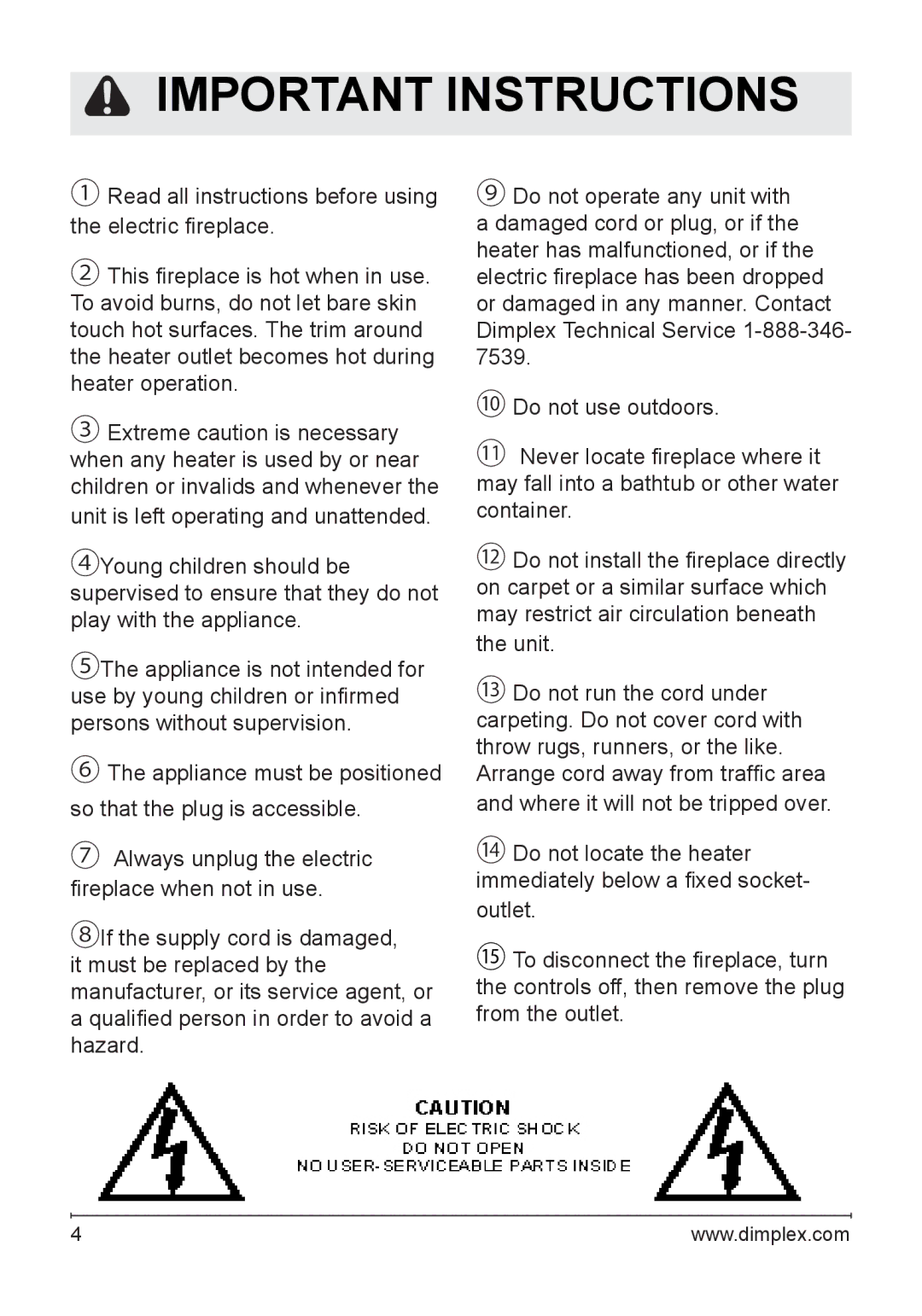 Dimplex DF2622SS, NBDF2608, DF2622BLK owner manual Important Instructions 