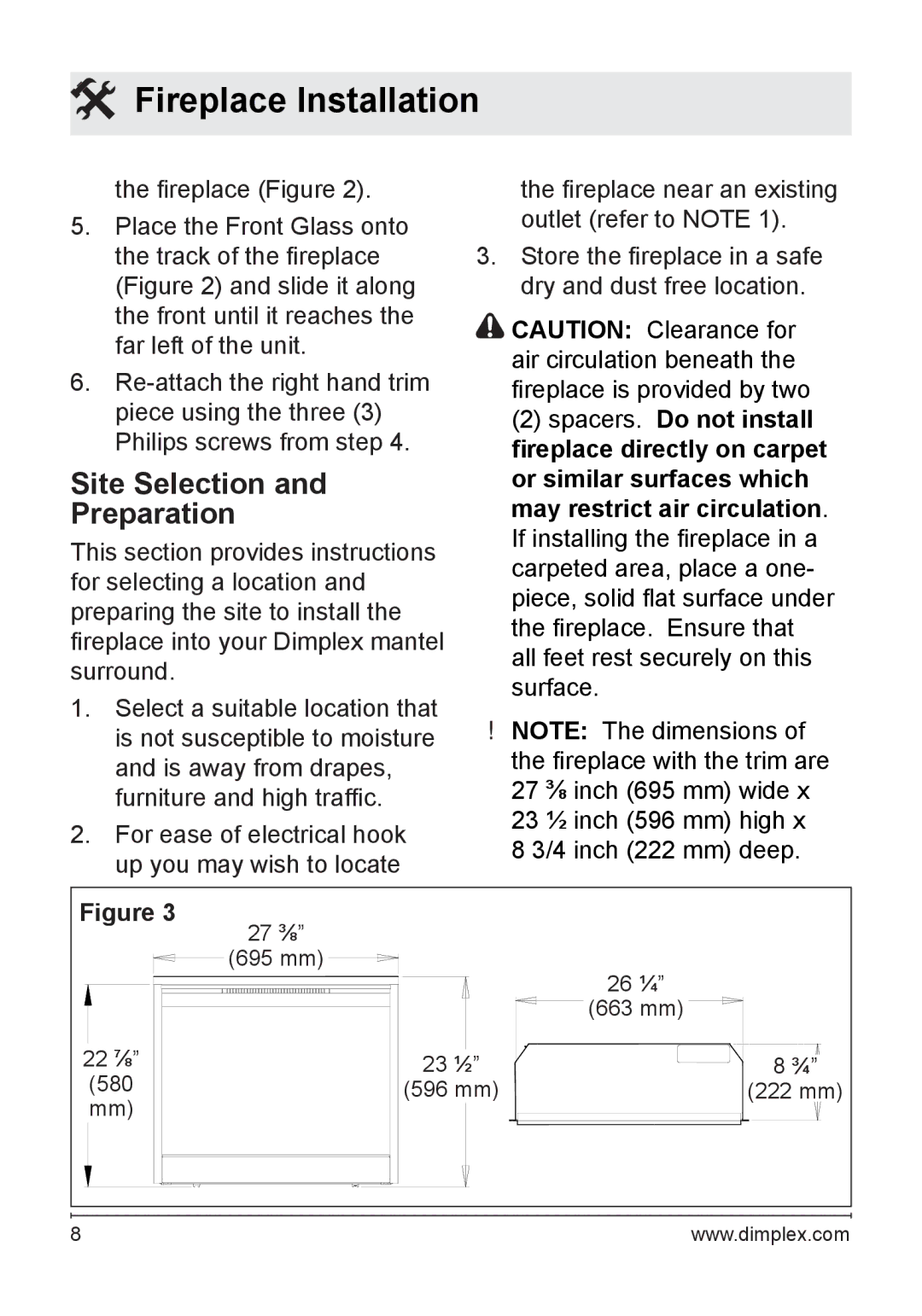 Dimplex DF2622BLK, NBDF2608, DF2622SS owner manual Site Selection Preparation 