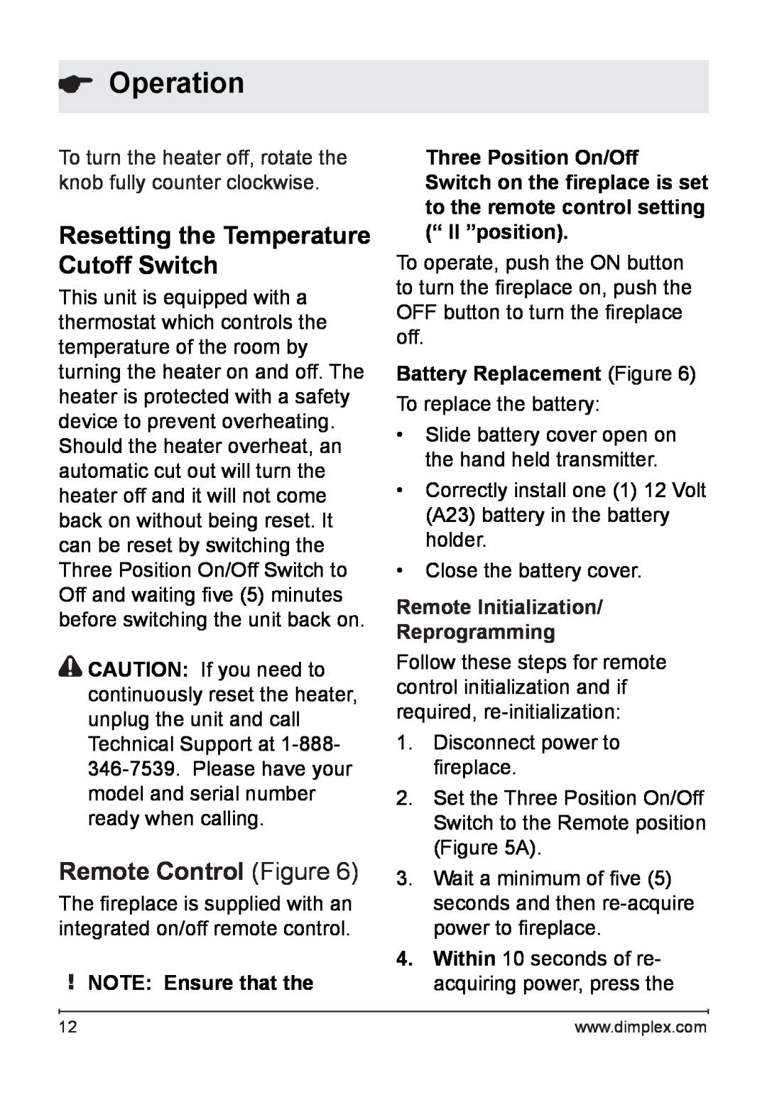 Dimplex NBDF2608, DF2622SS Resetting the Temperature Cutoff Switch, Remote Control Figure, Operation, Note Ensure that the 