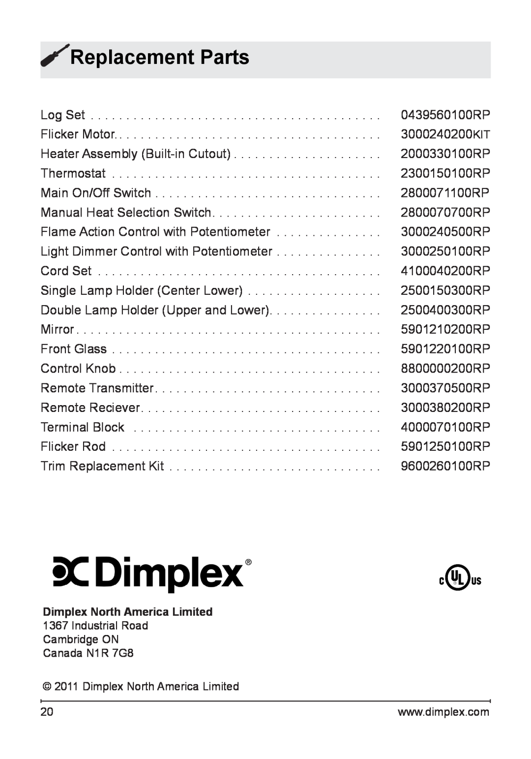 Dimplex DF2622BLK, NBDF2608, DF2622SS owner manual Replacement Parts 