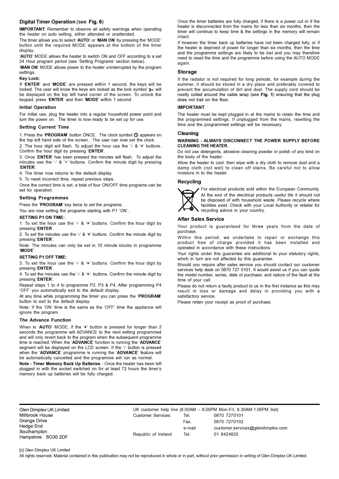 Dimplex OFRC20, OFRC25 OFRC10TI manual Digital Timer Operation see Fig, Storage, Cleaning, Recycling, After Sales Service 
