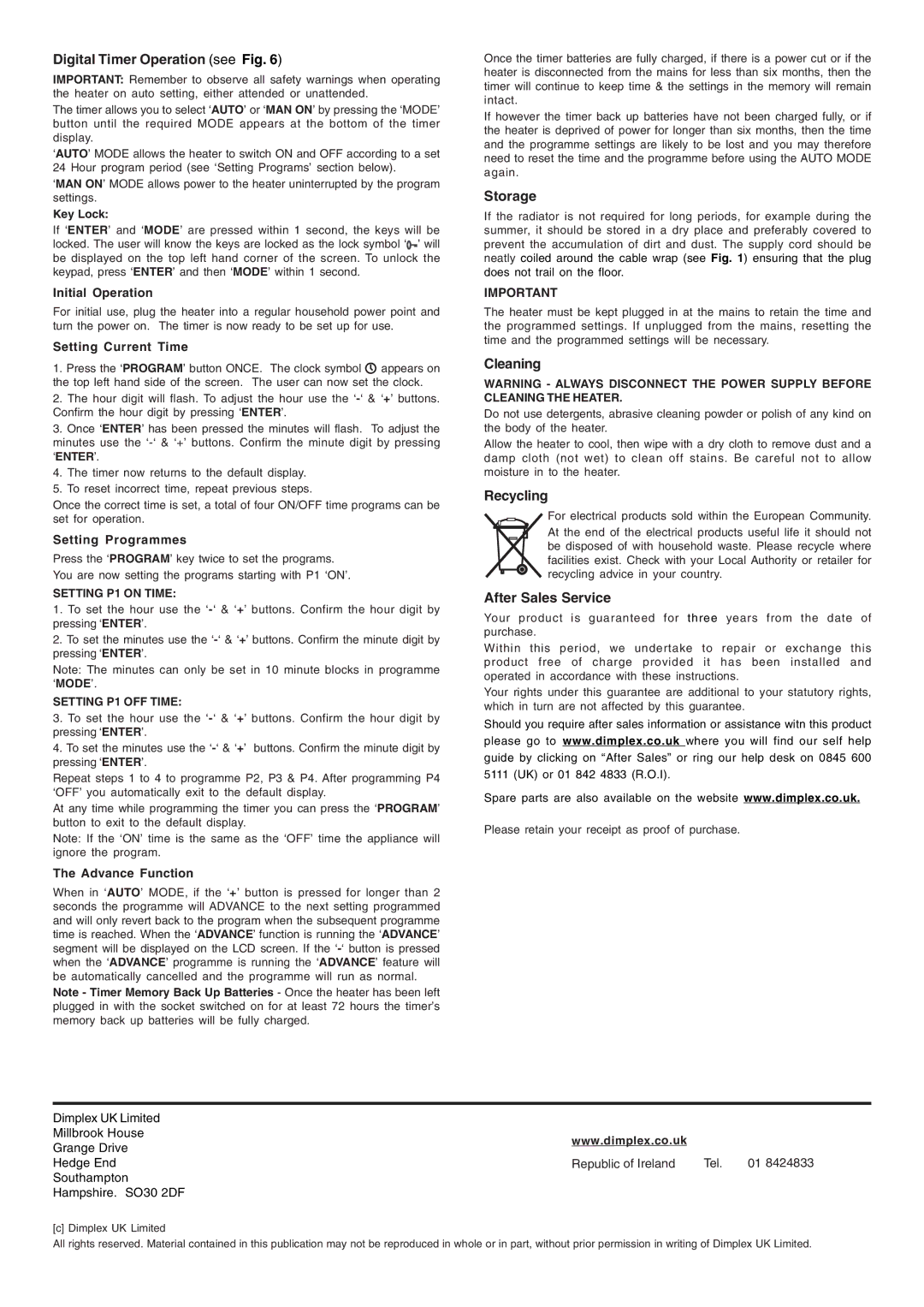 Dimplex OFRC25TI, OFRC20TI manual Digital Timer Operation see Fig, Storage, Cleaning, Recycling, After Sales Service 