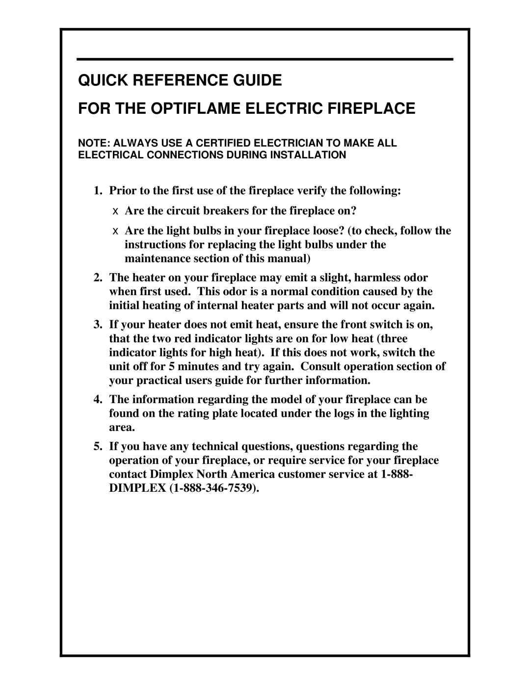 Dimplex manual Quick Reference Guide For the Optiflame Electric Fireplace 