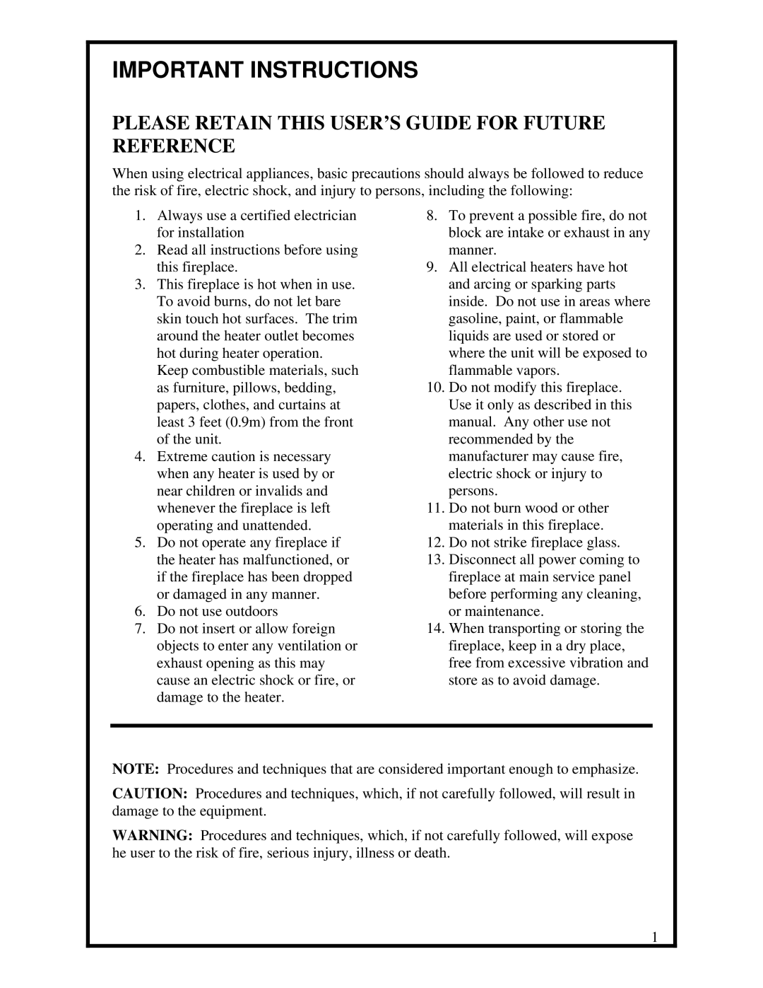 Dimplex Optiflame Electric Fireplace manual Important Instructions, Please Retain this USER’S Guide for Future Reference 