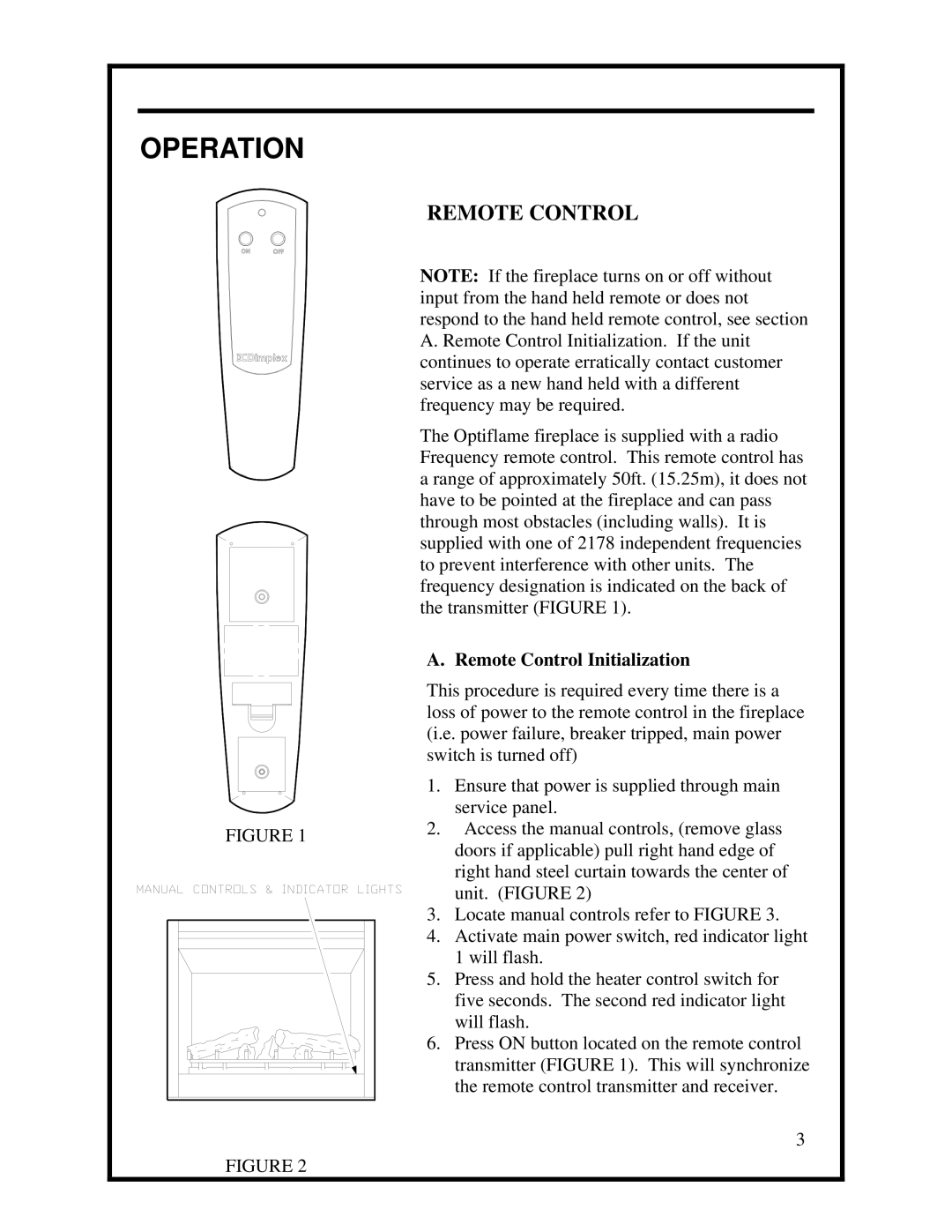 Dimplex Optiflame Electric Fireplace manual Operation, Remote Control Initialization 