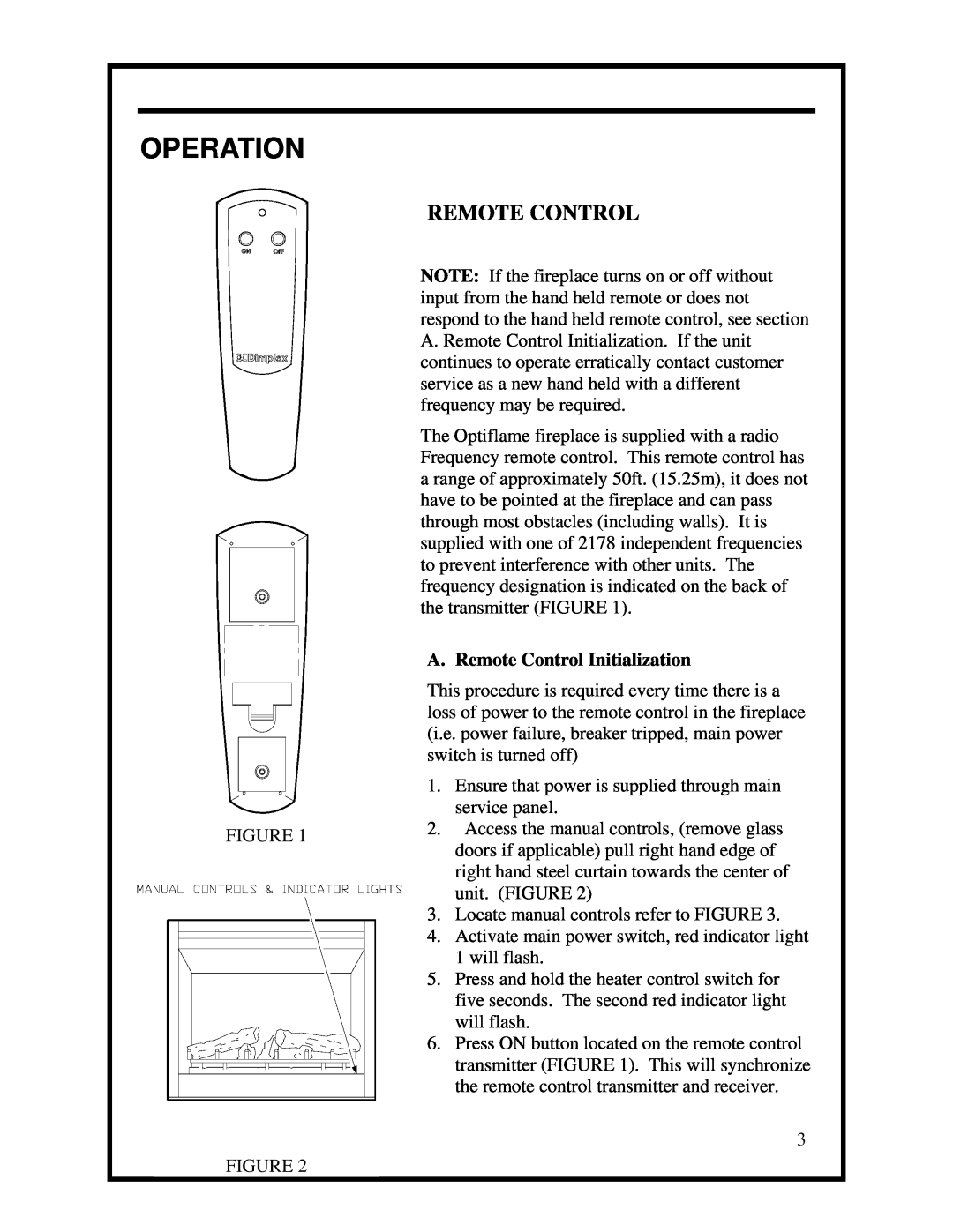 Dimplex Optiflame Electric Fireplace manual Operation, A. Remote Control Initialization 