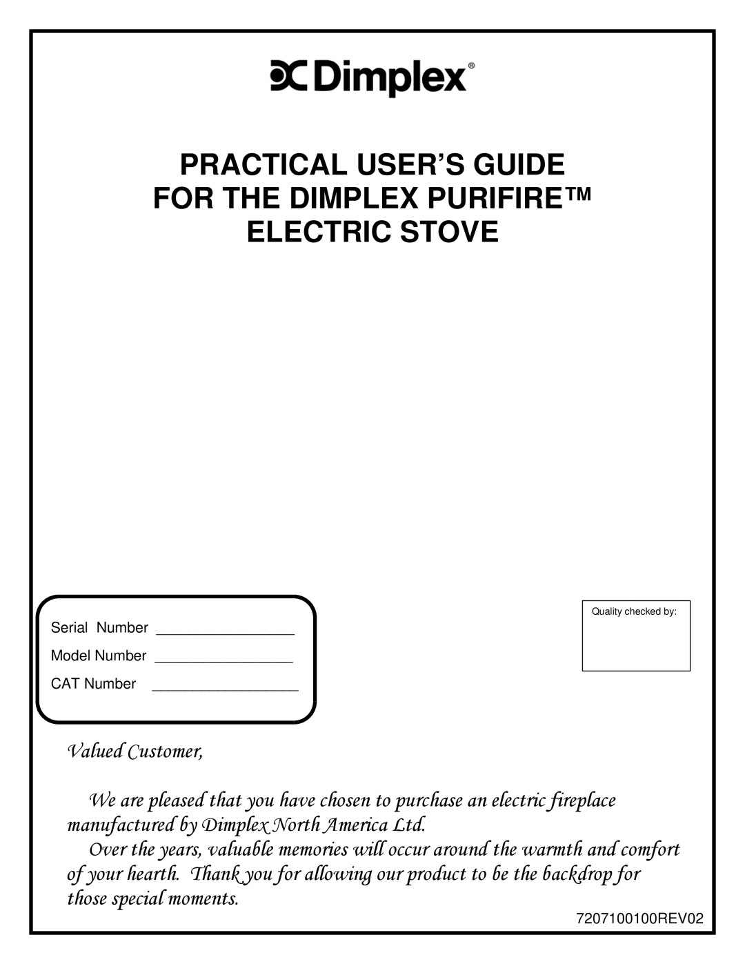 Dimplex Purifire Electric Stove manual Serial Number Model Number CAT Number 