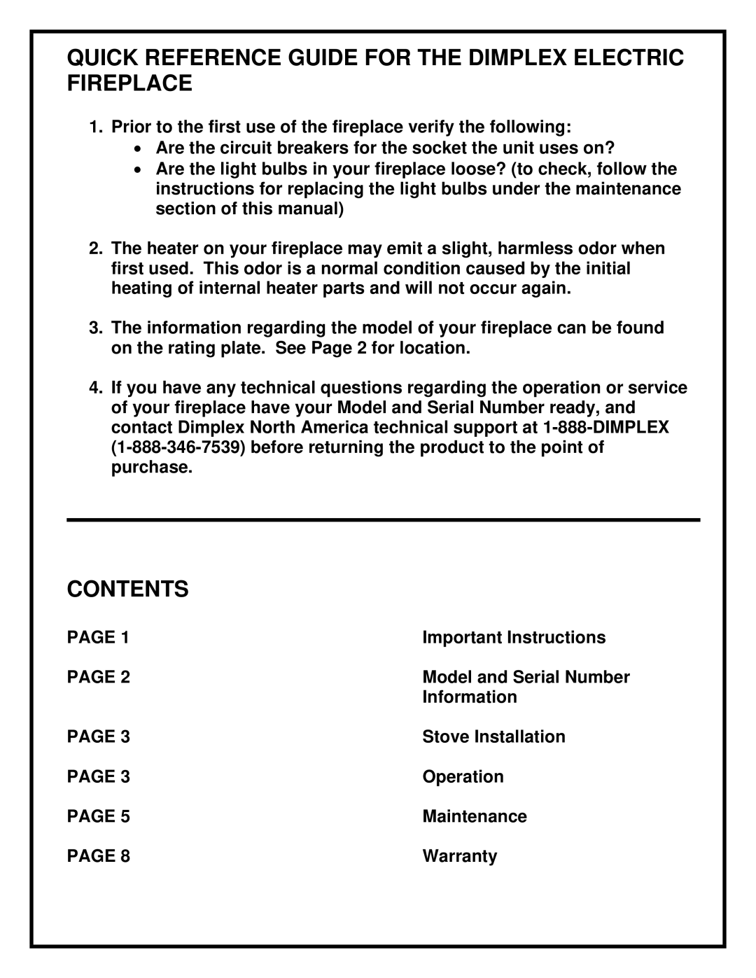 Dimplex Purifire Electric Stove manual Quick Reference Guide for the Dimplex Electric Fireplace, Contents 