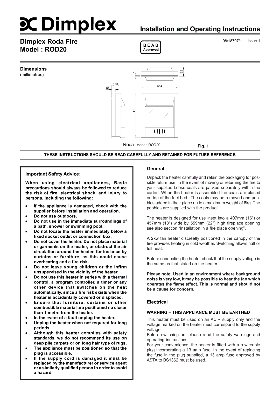 Dimplex ROD20 dimensions Dimensions, Important Safety Advice, General, Electrical 